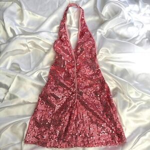 Pink Lipstick Sequin Halter Mini Dress Pink Safety Pin Detail M/L Party Clubwear